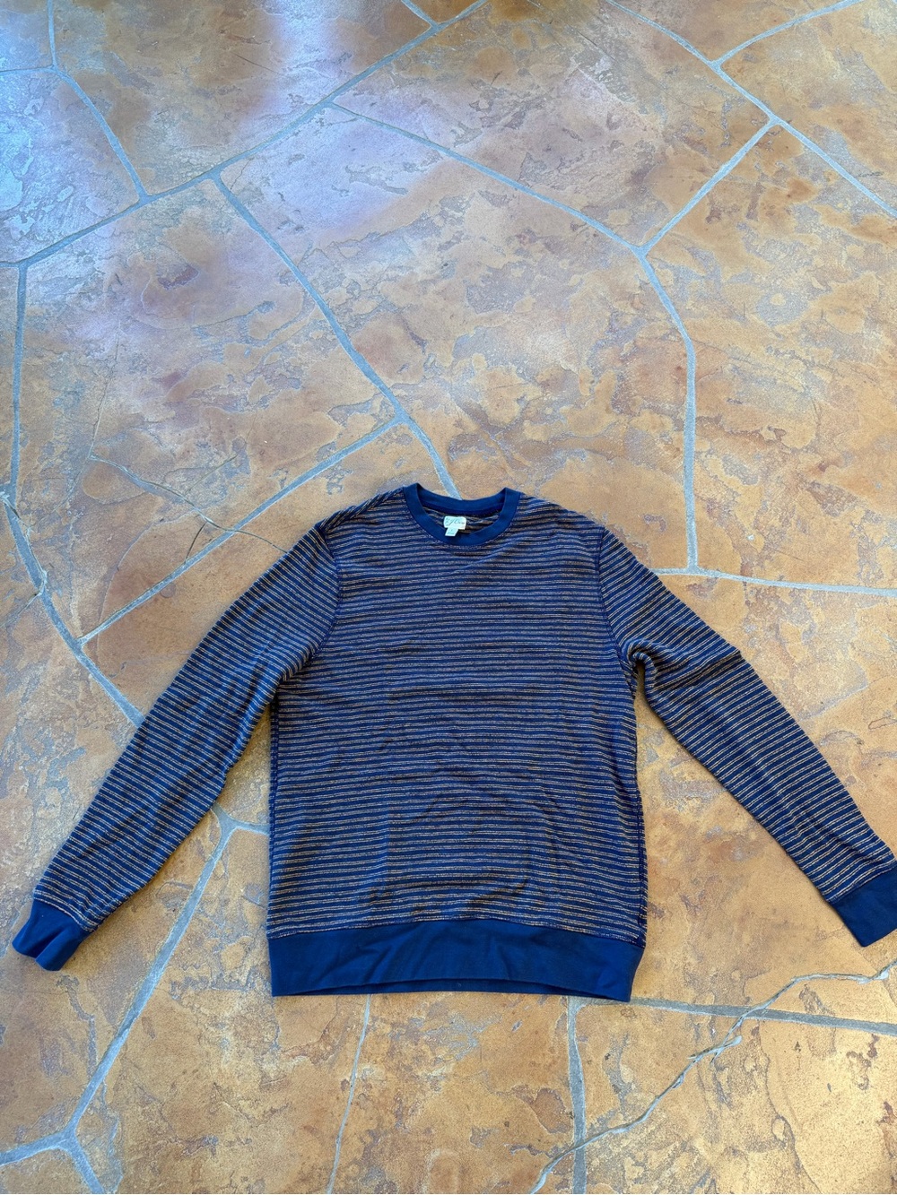 J.Crew 100% Cotton Blue Yellow Striped Knit Crewneck Pullover Sweater  #BW475 -L